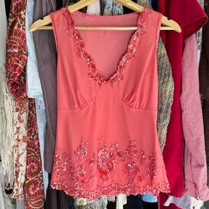 Beaded Mesh Embellished Sleeveless Top – Coral Pink Floral Sequin Trim Y2K